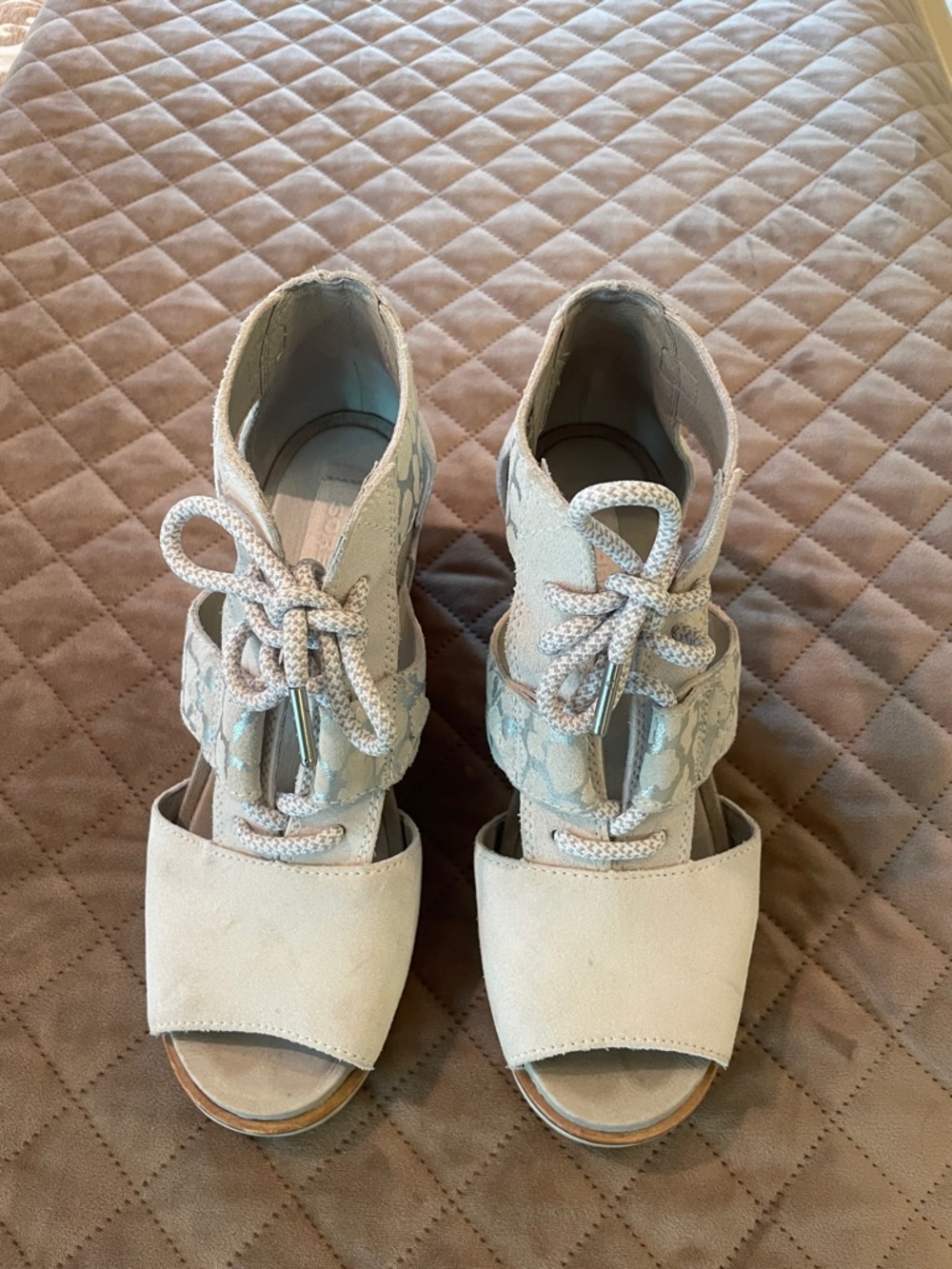 Sorel Beige Suede Open-Toe Lace-Up Heels